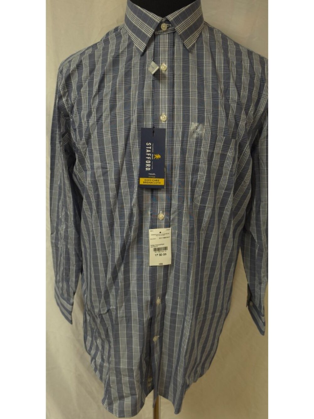 Stafford Travel Easy Care Fitted Broadcloth Shirt Mens 17 32-33 Blue Plaid NWT